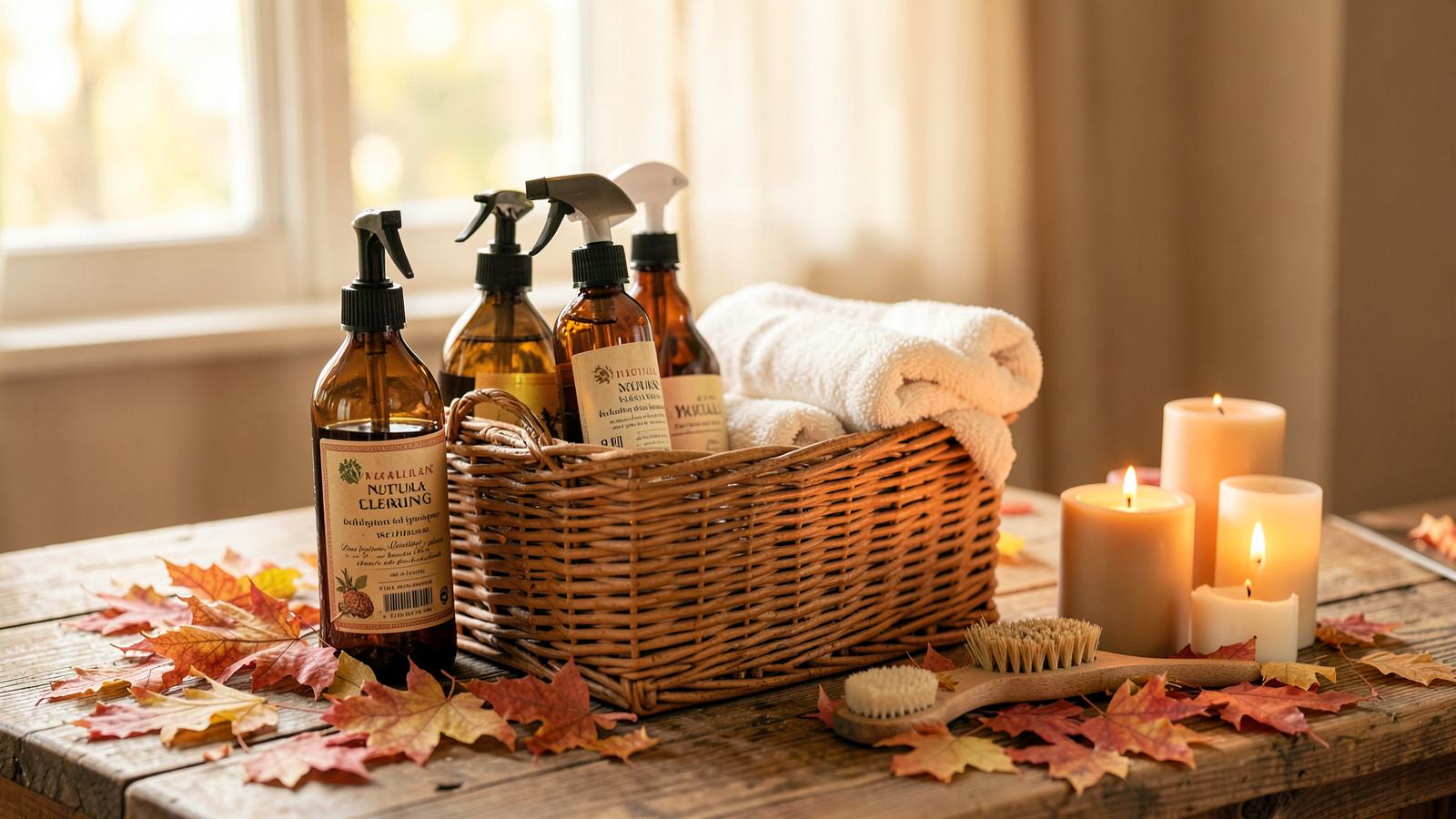 Basket of eco-friendly cleaning supplies with candles and autumn leaves